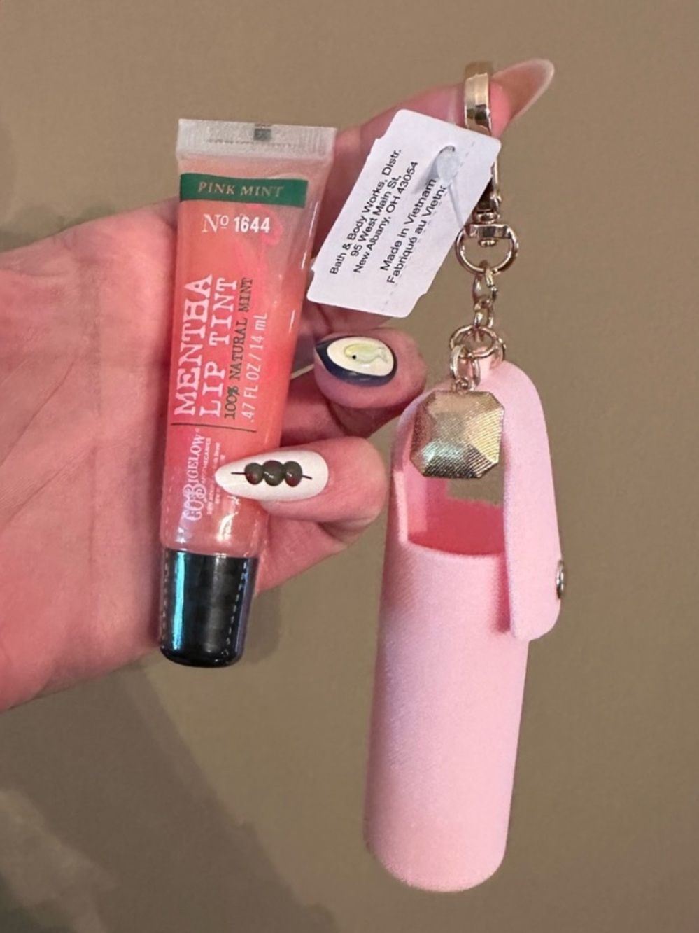 Bath & Body Works Pink Lip Balm & Holder Keychain with Crystal Charm